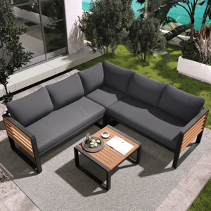 4 Pieces Metal Outdoor Patio Conservation Sofa Sets,Garden Lounge Sofa,Modern L-Shape Sectional Sofa with Coffee Table and Cushions-Coolbibila - 1 of 4
