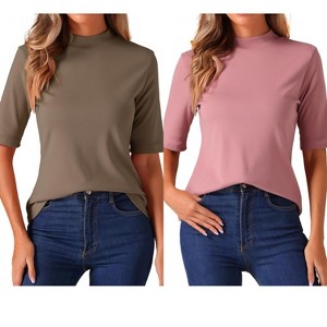 INSPIRE CHIC Women's Half Sleeve Casual Turtleneck Solid Elastic Soft T-Shirts 2 Packs - 1 of 4