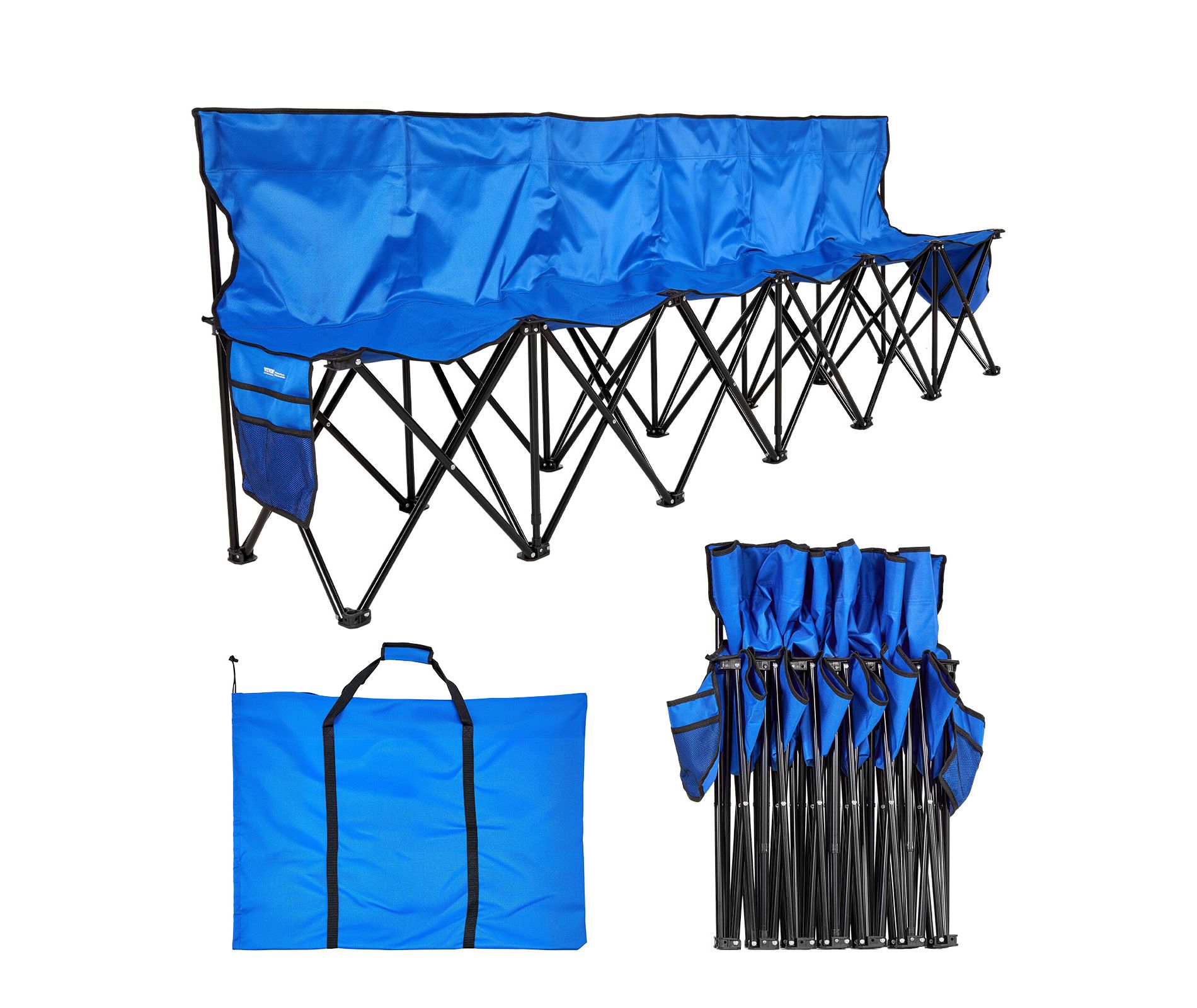 VEVOR Portable Folding Bench, 6 Seat Foldable Soccer Bench with Side Pockets and Carrying Bag, Lightweight Sideline Seating with Back Rest, Blue