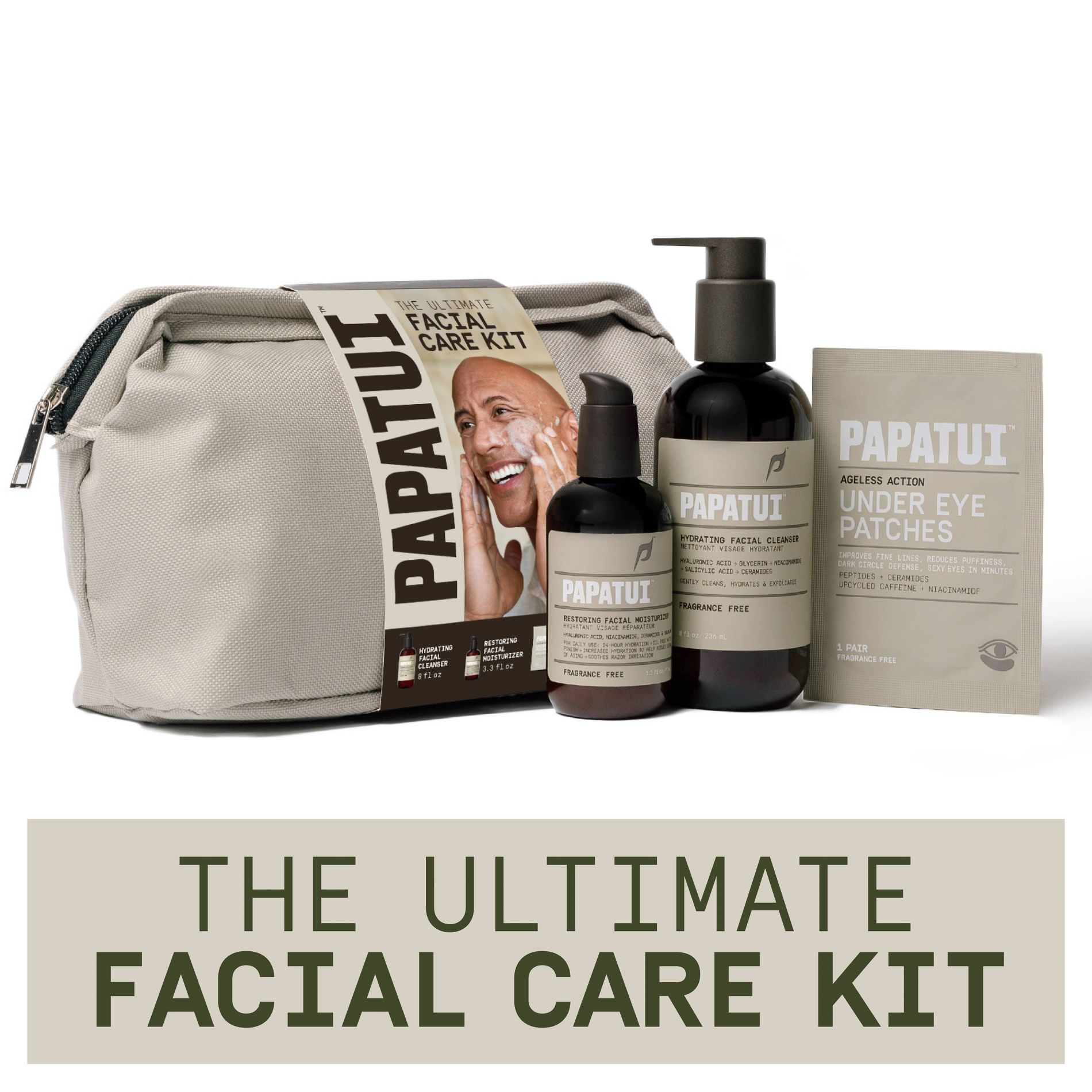 Papatui Holiday Limited Edition Ultimate Men's Facial Care Dopp Kit Facial Cleanser Moisturizer and Under Eye Patches Gift Set - 3pc