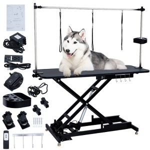 60“ Electric Dog Grooming Table, Adjustable Pet Grooming Station with Anti Slip Tabletop, Sockets, Hooks,  X Lift Pet Washing Station with Remote - 1 of 4