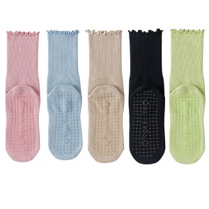 Anna-Kaci 5 Pairs Women's Anti-Slip Crew Yoga Socks Soft Cotton Grip Sole Seamless Toe Design for Pilates Indoor Workouts - 1 of 4