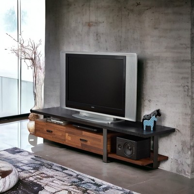 Chic Crate-Walnut Black Finish Media Console – Modern TV Stand w/ Multi-Tier Storage, Multi-Room Furniture