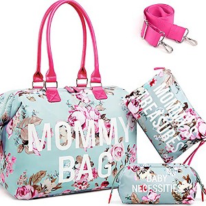 Itopfox Floral Mommy Bag 3-Piece Set, Large Capacity Waterproof Tote for Hospital, Travel, and Daily Use with Organizer Pouches (Blue Floral) - 1 of 4