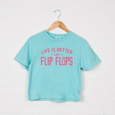 Simply Sage Market Women's Life Is Better in Flip Flops Short Sleeve Relaxed Fit Cropped Graphic Tee