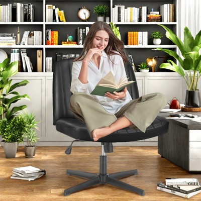 FURNIinspire Task And Office Chairs Cross-Legged Chair, No Wheels Armless Swivel Home Office Chair, Armless Office Chair, Black, 25"*25"*34"