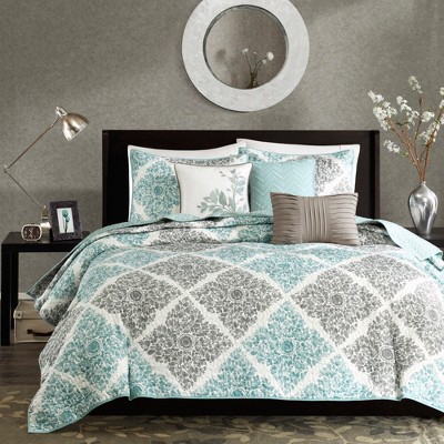 6Pcs Reversible Quilted coverlet Set with Leaf Print and Embroidered Decorative Pillows