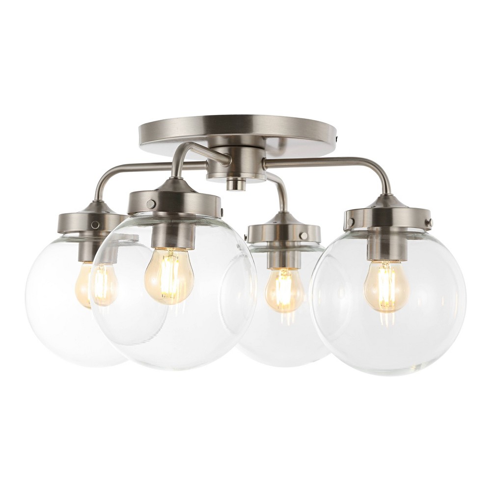 Photos - Chandelier / Lamp 18" 4-Light Piper Farmhouse Rustic Iron/Glass LED Semi Flush Mount Nickel/Clear - JONATHAN Y