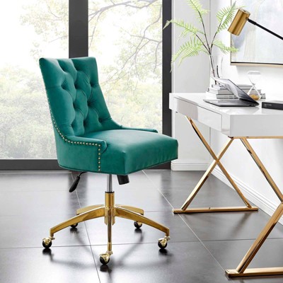 Teal Velvet Tufted Swivel Office Chair with Gold Base