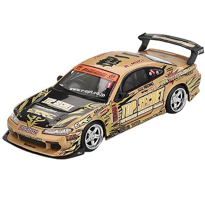 Nissan Silvia (S15) RHD #1 "Top Secret" Gold Metallic with Black Hood "D1 Grand Prix" 1/64 Diecast Model Car by Mini GT