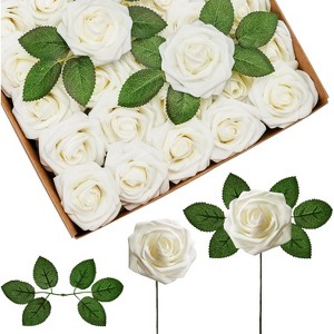Attop Artificial Flowers, 50 Pcs Ivory White Foam Fake Roses Bulk with Stems for Decoration DIY - 1 of 4