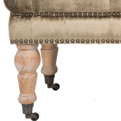 Transitional Tufted Antique Sage Bench with Brass Nail Heads and Oak Legs