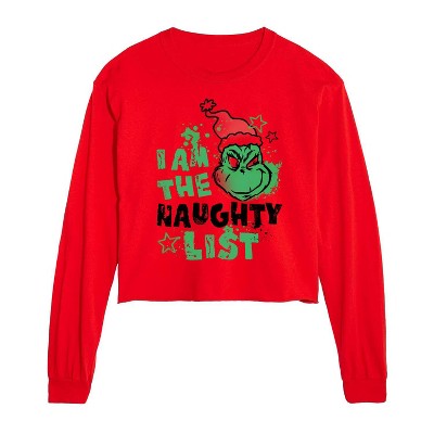 Dr. Seuss The Grinch Christmas I Am The Naughty List Cropped Long Sleeve T-Shirt - Red - 2 X-Large