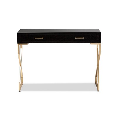 Carville Gold-Finished Metal & Dark Brown Faux Leather Console Table with Glass Top