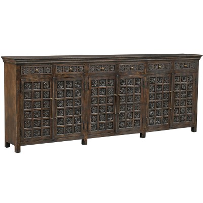 HomeRoots 107" Brown Distressed Solid Wood Carved Floral Six Drawer Sideboard with Six Doors