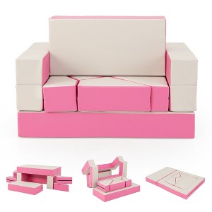 Costway Children Modular 6-Piece Combination Sofa Set with PU Leather Cover for Playroom Pink/Blue/Colorful - 1 of 4