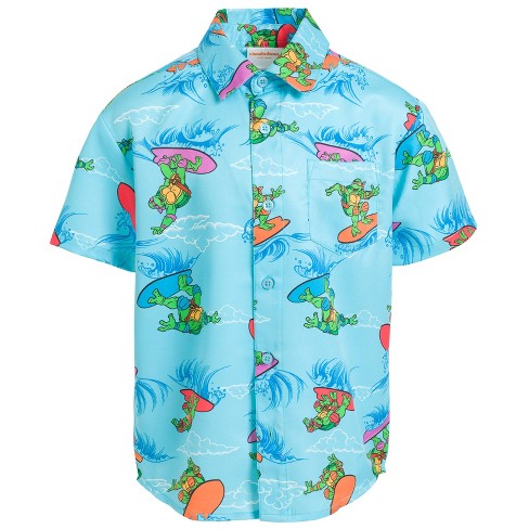 Teenage Mutant Ninja Turtles Leonardo Michelangelo Raphael Big Boys  Hawaiian Button Down Shirt Blue 18-20