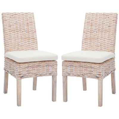 White Upholstered Rattan Side Chair with Natural Wood Legs