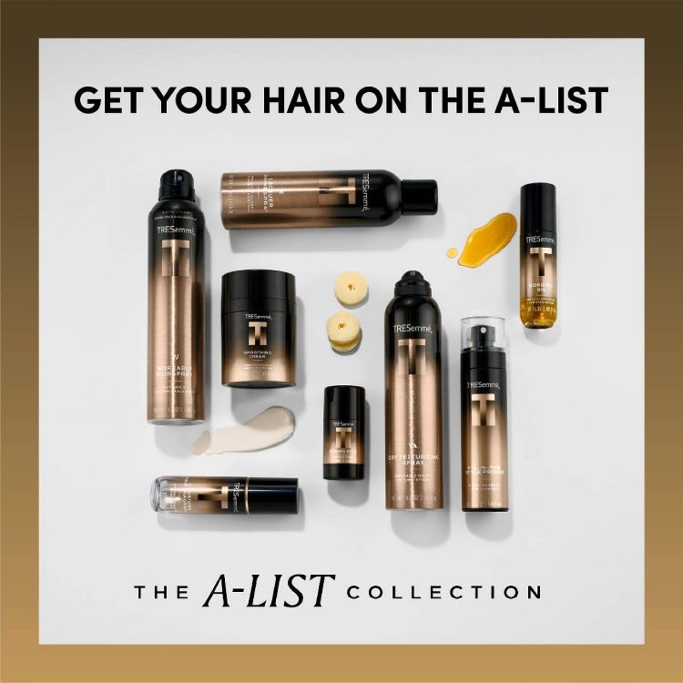 A collection of TRESemmé hair products, including sprays, creams, and oils, arranged on a white surface with the text "GET YOUR HAIR ON THE A-LIST" above.