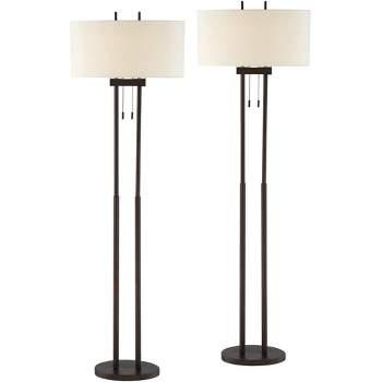 Franklin Iron Works Roscoe Modern 62" Tall Standing Floor Lamps Set of 2 Lights Twin Pole Pull Chain Brown Roman Bronze Finish Living Room Bedroom