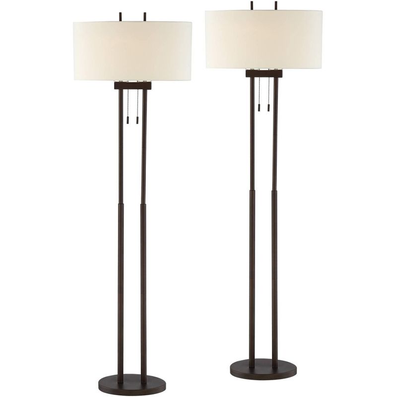 Franklin Iron Works Roscoe Modern 62" Tall Standing Floor Lamps Set of 2 Lights Twin Pole Pull Chain Brown Roman Bronze Finish Living Room Bedroom, 1 of 10