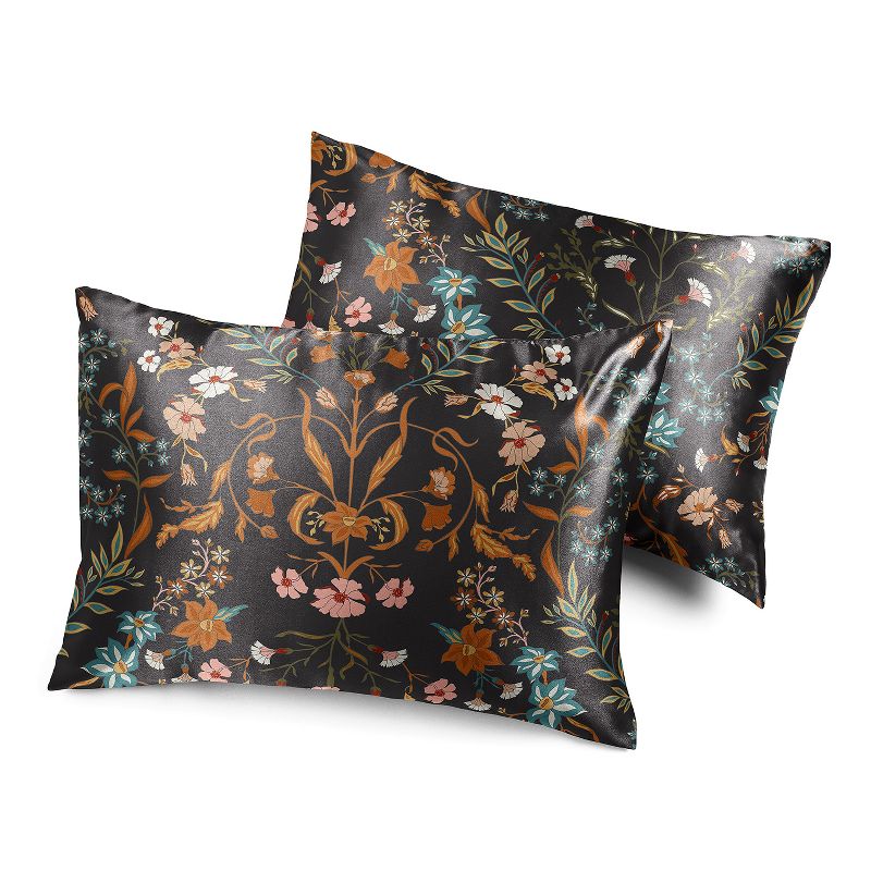 Sweet Jojo Designs Decorative Satin Pillowcases Boho Floral Wildflower Black and Orange 2pc, 1 of 7