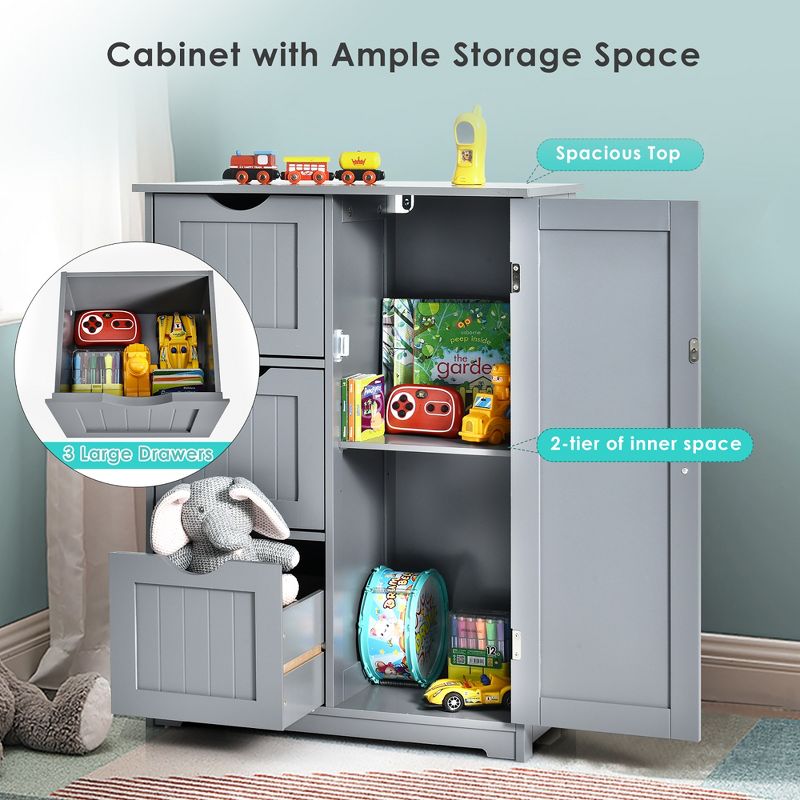 Costway Bathroom Floor Cabinet Side Storage Cabinet with 3 Drawers and 1 Cupboard Grey\ Black, 4 of 10