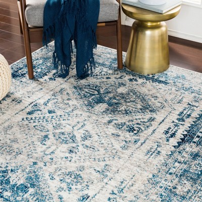 Blue and White Rectangular Synthetic Flat Woven Area Rug