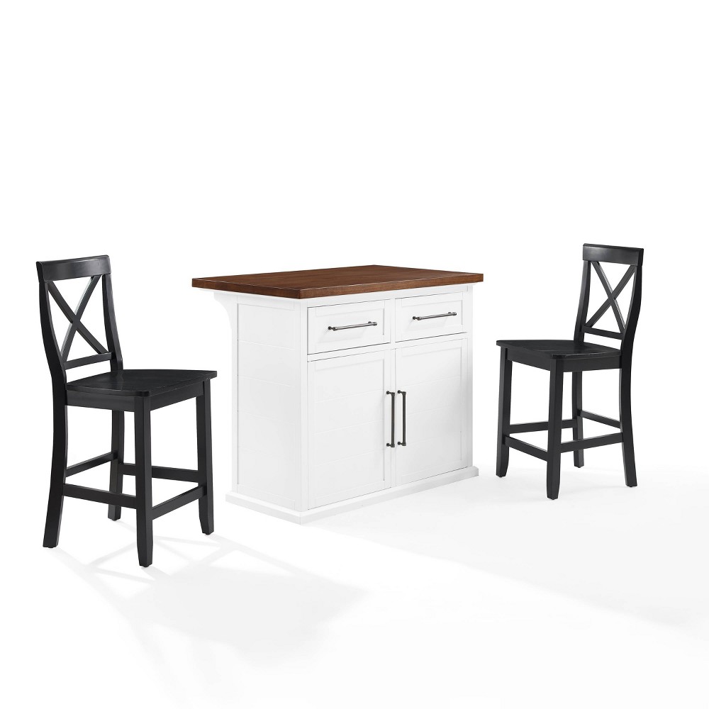 Crosley 42" Bartlett Wood Top Kitchen Island with X-Back Stools White/Black: Farmhouse Style, Adjustable Shelves