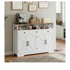 White/Black 51" Farmhouse Sideboard Buffet Cabinet, 3 Drawers & 4 Barn Door, Wood Coffee Bar Storage - 1 of 4