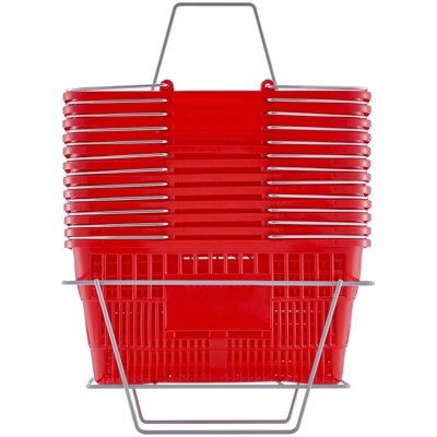 thumbnail interactive-video image 1 of VEVOR Set Of 12 Shopping Baskets - 21L Plastic Grocery Baskets With Handles & Stand, Red 1 of 11