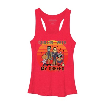 Women's Design By Humans Chillin with my creeps 80's style halloween characters By MerchHQ Racerback Tank Top