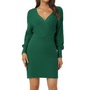 Seta T Women's Wrap Deep V Neck Lantern Sleeve Fall Winter Mini Sweater Dress - 1 of 4