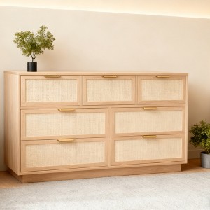 Rattan 7 Drawer Dresser, 55in Wide 7 Chest of Drawers with Metal Handles and Wooden Sturdy Base for Bedroom Living Room Nursery - 1 of 4