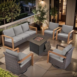 Buenhomino 6 Piece Patio Furniture Set with Fire Pit Table, Outdoor Sectional Conversation Sets Wicker Rattan Sofa with 4'' Thickened Cushion - 1 of 4