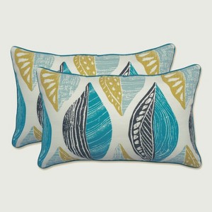 Set of 2 Leaf Block Outdoor/Indoor Rectangular Throw Pillows Teal/Citron - Pillow Perfect: Weather-Resistant, Abstract Botanical Design - 1 of 4