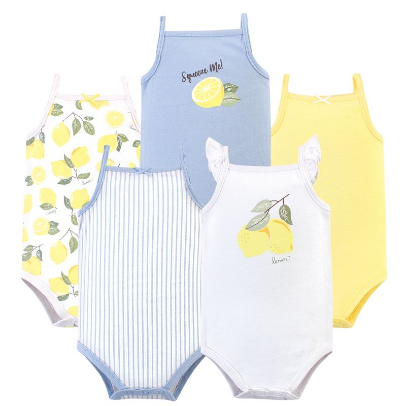 Hudson Baby Infant Girl Cotton Sleeveless Bodysuits 5pk, Lemon, 1 of 8