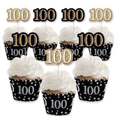 Big Dot of Happiness Adult 100th Birthday - Gold - Cupcake Decoration - Birthday Party Cupcake Wrappers and Treat Picks Kit - Set of 24