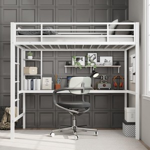 Twin Size Loft Bed with Large Desk and Storage Shelves, Loft Bed with Safety Guardrail and Ladder for Kids Adults, Steel Slats Support, Space Saving - 1 of 4