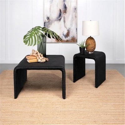 Black Woven Rattan and Metal Square End Table