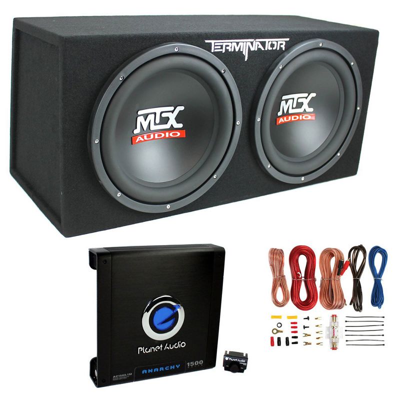 MTX TNP212D2 12" 1200 Watt 4 Ohm Dual Loaded Car Audio Subwoofer Package with Sub Enclosure, Planet 1500W Monoblock A/B Amplifier & 8 Gauge Wiring Kit, 1 of 7