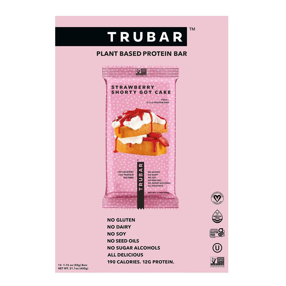 TRUBAR 12g Plant Based Protein Bars - Strawberry Shorty Got Cake - 12ct: Chewy, Ready to Eat, Pea & Rice Protein