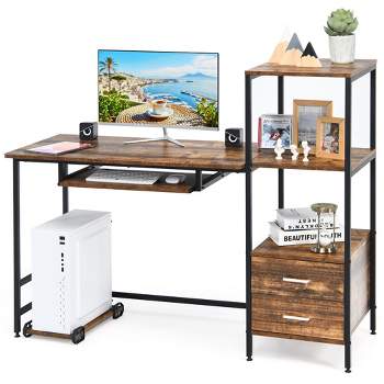 Brown Office Computer Desk with Drawers, 5 in 1 Home Office Gaming