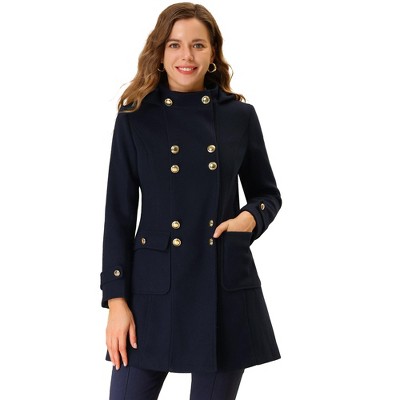 Женские худи Allegra K Women's Stand Collar Double Breasted Outerwear Winter Coat Navy Blue Small — фото 2