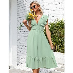WhizMax Summer Women's V Neck Short Sleeve Dress High Waist A line Dress Flowy Ruffle Shirred Swing Midi Dresses - 1 of 4