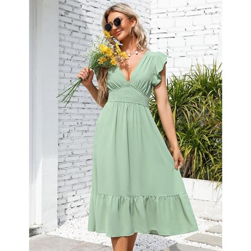 Summer Dress for Women V Neck Midi Dress Flowy Swing Ruffle Dress