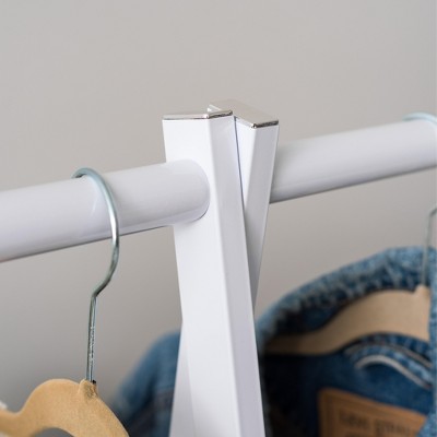 White Metal Freestanding Clothing Rack with Wooden Accents
