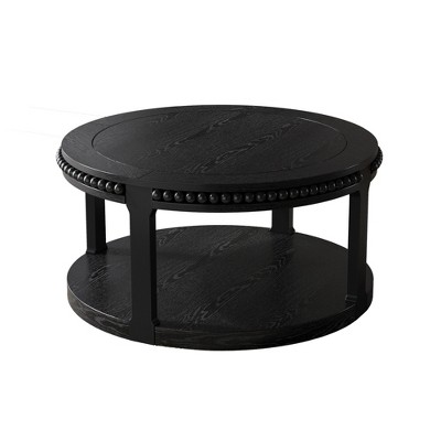 Lirago 32" Solid Wood Round Coffee Table Black 2-Tier Rustic Wood Desktop with Open Shelving Storage Shelf Modern Design