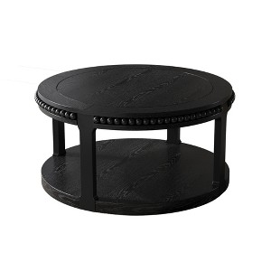 Lirago 32" Solid Wood Round Coffee Table Black 2-Tier Rustic Wood Desktop with Open Shelving Storage Shelf Modern Design - 1 of 4