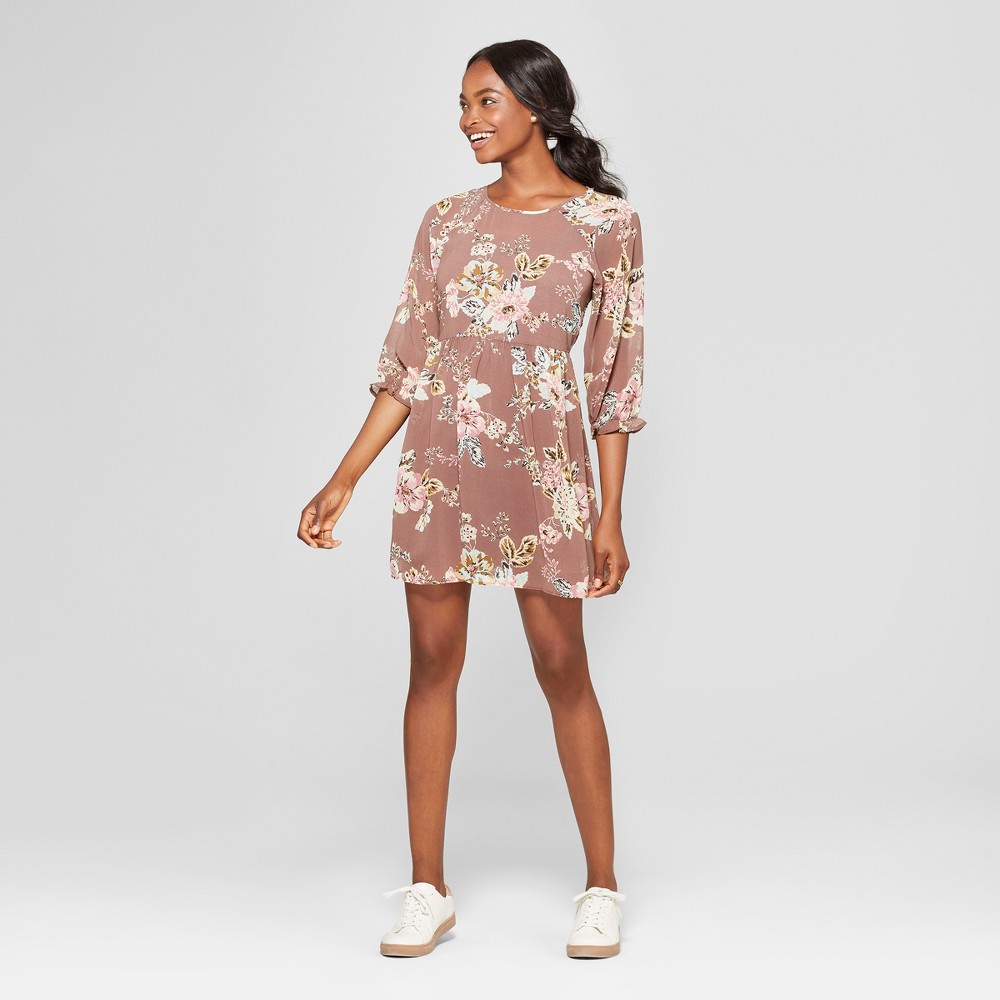 Women's Floral Print Long Sleeve Dress - Lots of Love by Speechless (Juniors') Putty Brown L, Size: Small, Gray was $32.99 now $14.84 (55.0% off)